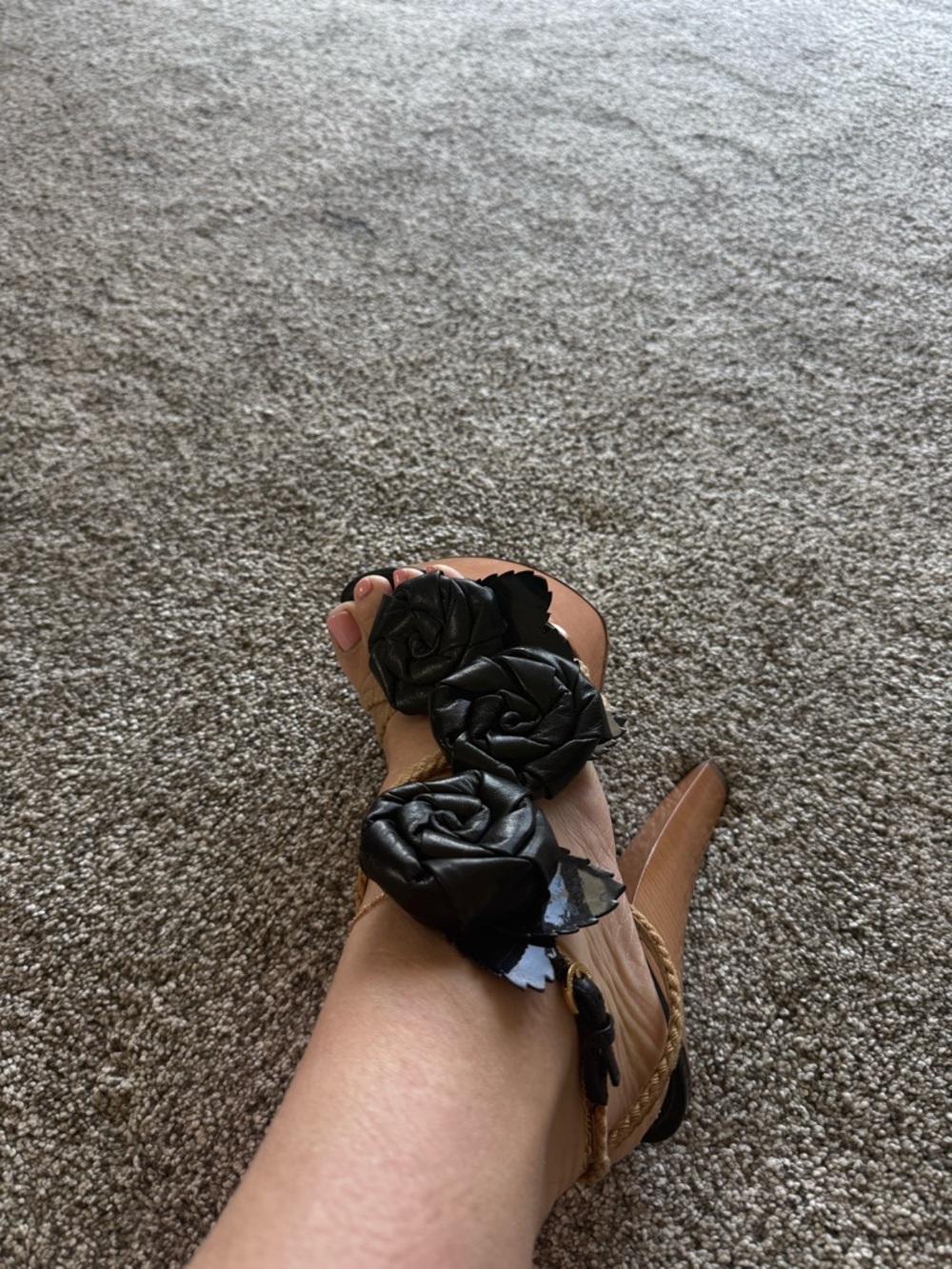 Louis Vuitton Black Rose Appliqué Leather Platform Sandals with Tan Braided Sole